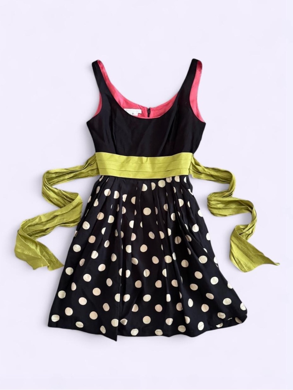 00s corey lynn calter anthropologie polka dot dress tie waist black pink lining